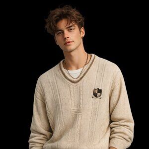 YUUMMY - Vintage Arnold Palmer Sweater Cream Golf Crest Large